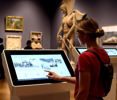 Visitor uses a tach-screen kiosk application in a museum
