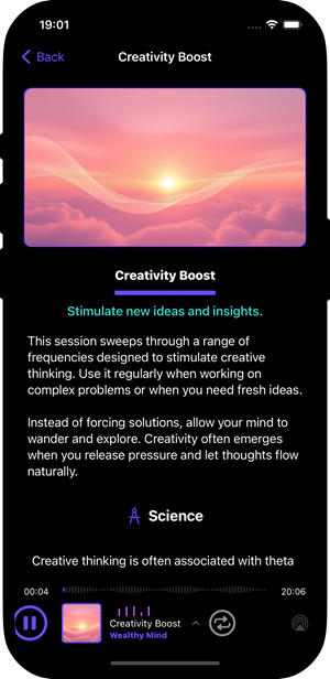 Wealthy Binaural app - creativity boost session.