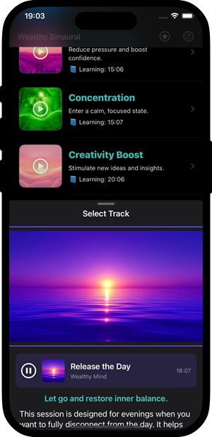 Wealthy Breath app - select track, audio player