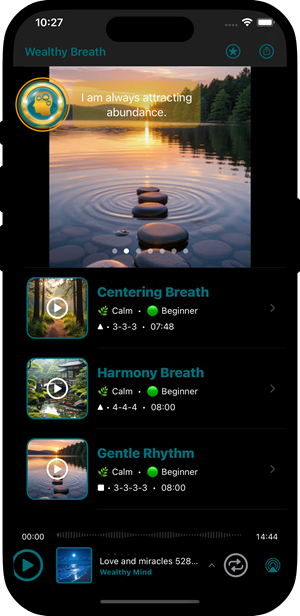 Wealthy Breath App - menu list with breathing exercises and a cover image.