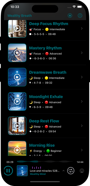 Wealthy Breath App - menu list with breathing exercises