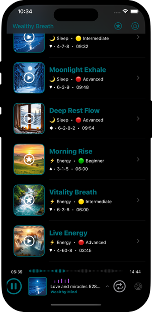 Wealthy Breath App - menu list with breathing exercises part 2