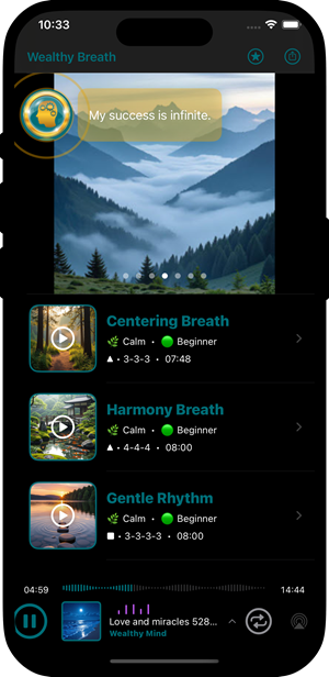 Wealthy Breath App main menu and cover with misty mountains.
