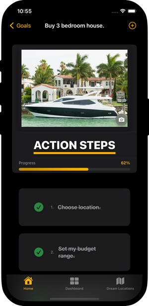 Wealthy Mind app - goals with actions step screen.