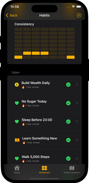 Wealthy Mind app - habits screen