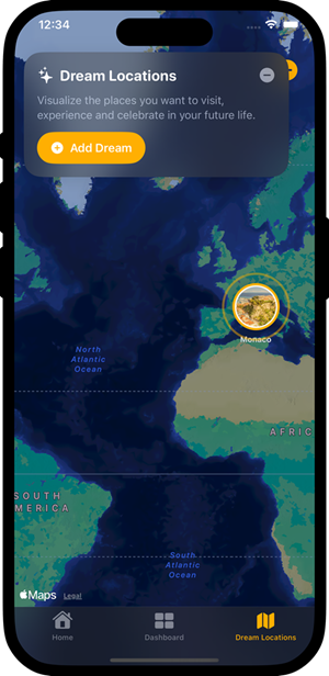 Wealthy Mind app - Dream locations module showing a map and Monaco as a location