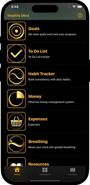 Wealthy Mind app main menu with icons and module descriptions