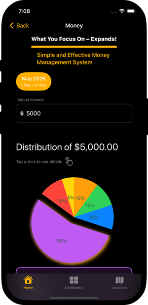 Wealthy Mind app - money module showing income distribution of $5000 and a pie-chart